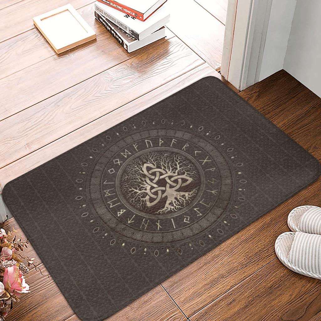 Norse Tree Of Life Printed Flannel Door Mat Viking Rune Design Soft Absorbent Rug For Home Decor Gift Idea