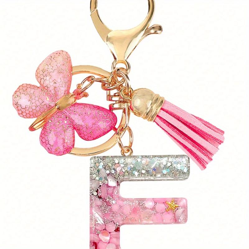 Personalized Bling Monogram Keychain for Women - Resin Letter Charm with Silvery Glitter, Pink Pebble & Gold Star Shaker - Birthday Gifts for Her