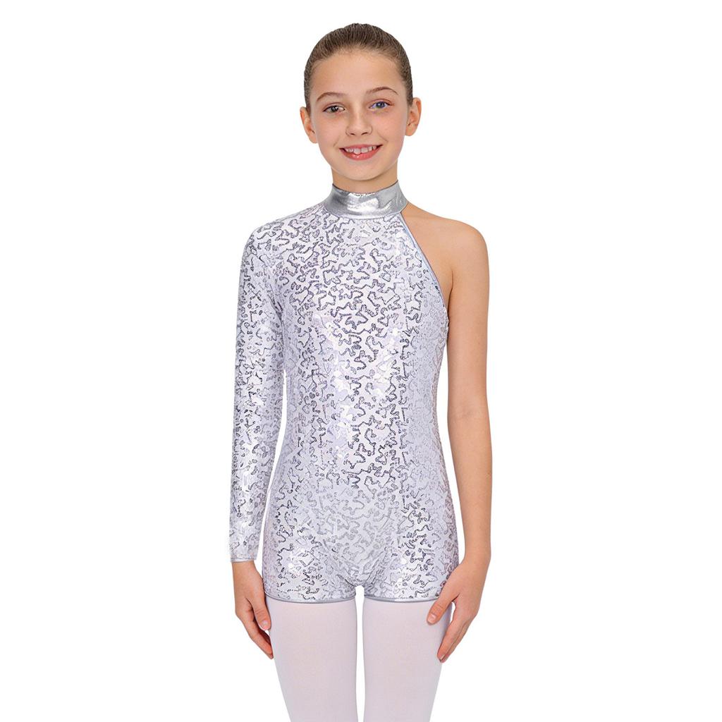 Girls Round Collar Long Sleeve Leotard Shiny Sequins Texture Decorated Invisible Zipper Back Jazz Dancewear
