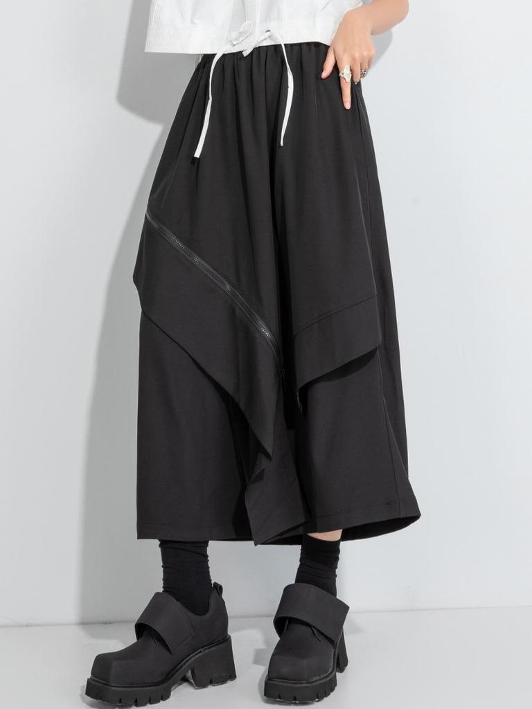 2025 Women's Autumn Elastic Waist Wide-Leg Culottes with Faux Two-Piece Design