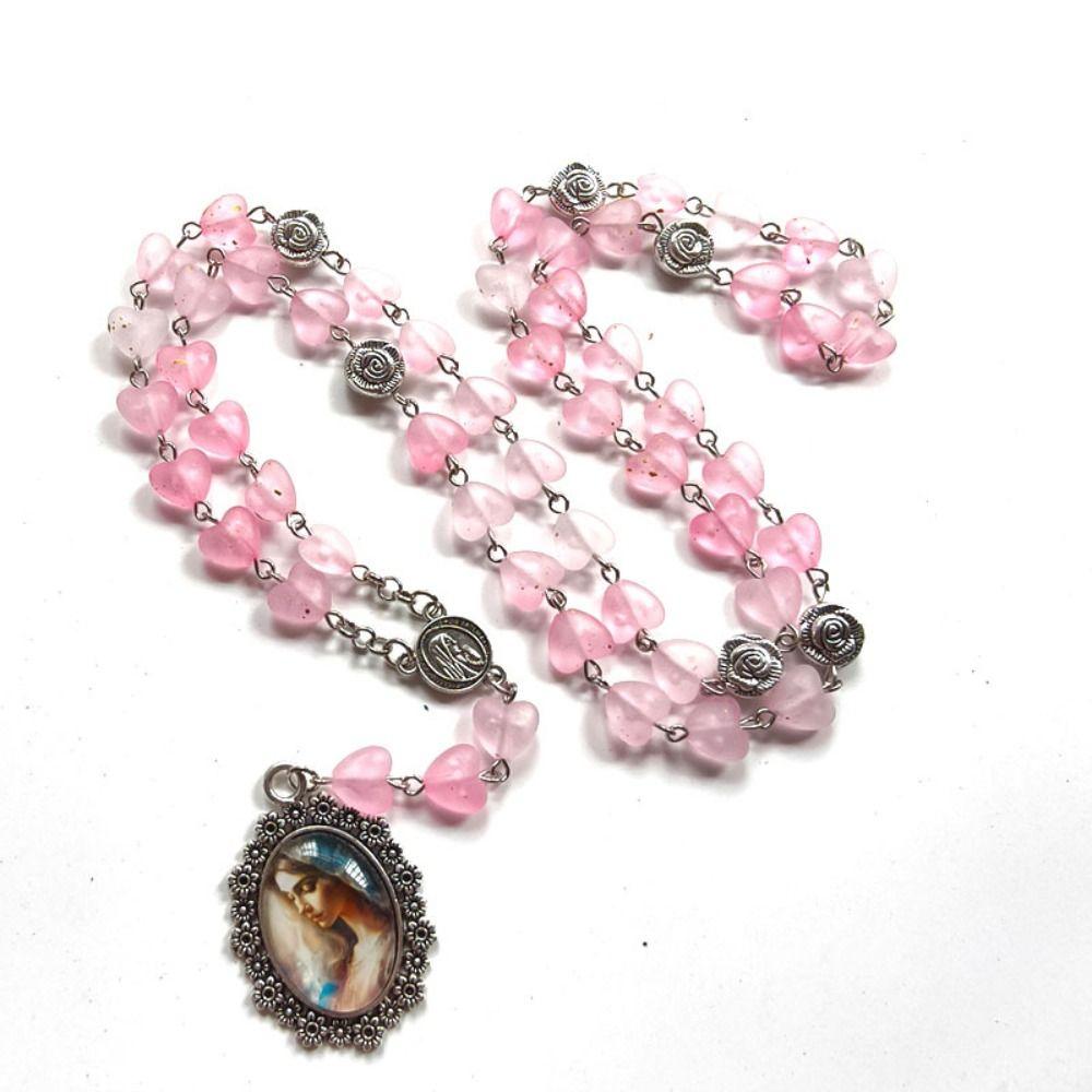 Retro Rosary Beads Chains Acrylic Glass Mary Necklace Trendy Prayer Pendant Jewelry Gift