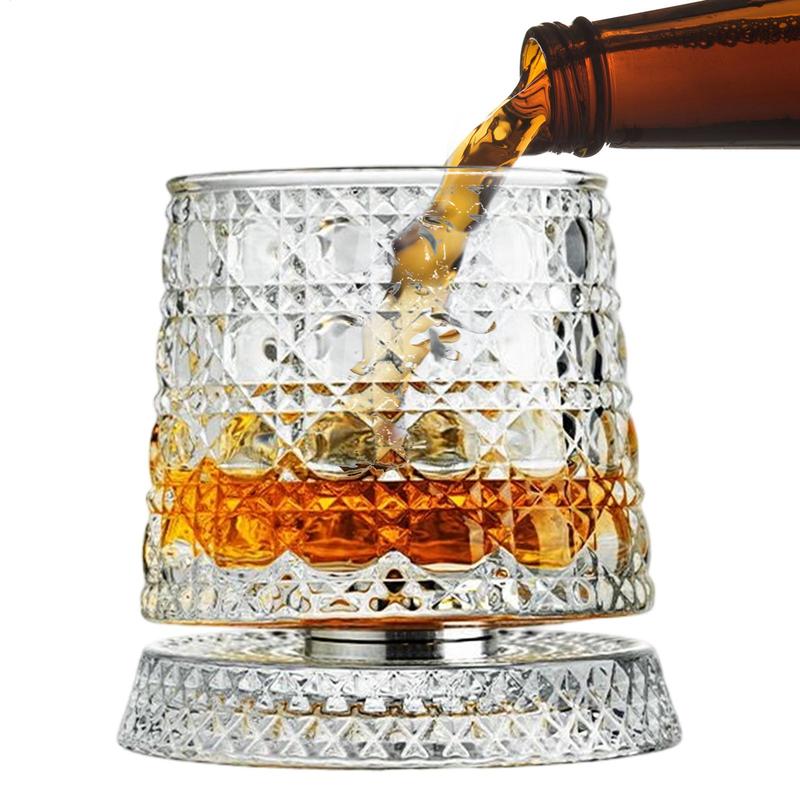 Whiskey Glasses Rotating Whisky Glass with Glass Base 360 Rotate Degrees Crystal Rum Glass for Cocktail Party Drinking