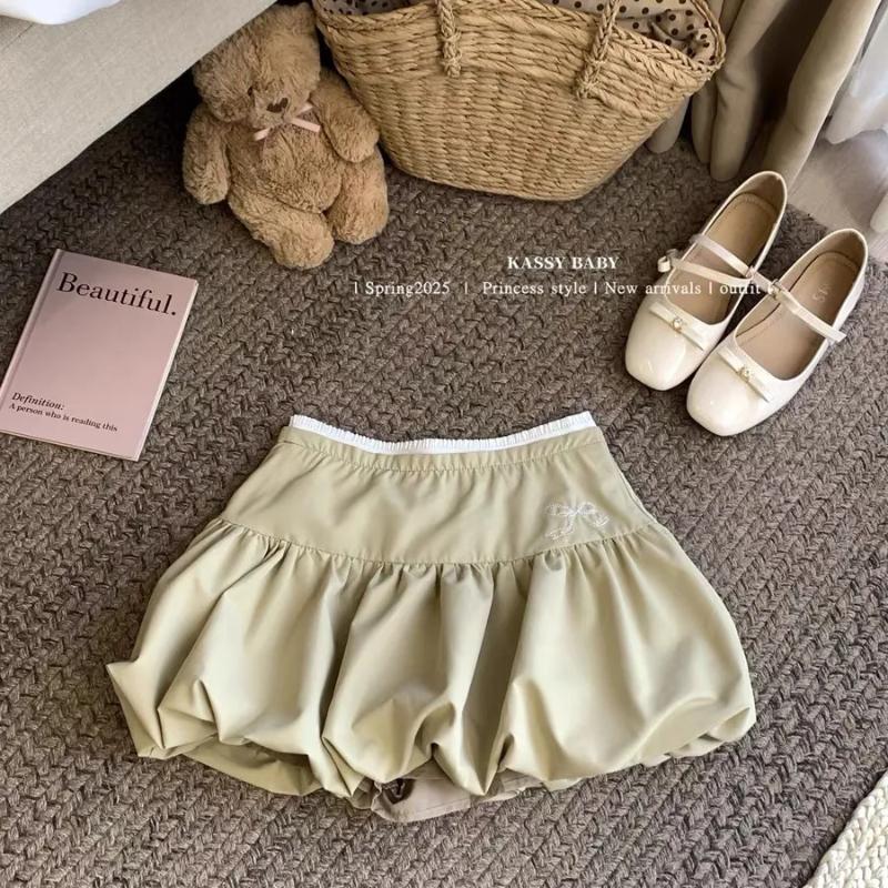 Girls' Khaki Bubble Mini Skirt High Waist Elastic Waistband Puff Princess Style Skirt
