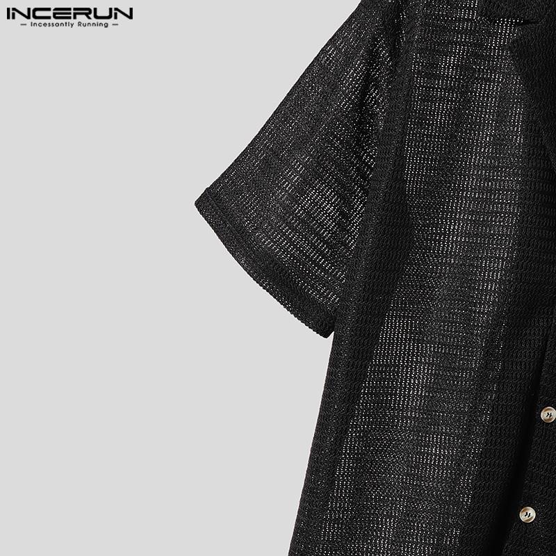 INCERUN Plus SIze Men Short Sleeve Solid Hollow Out Casual Texture Shirts