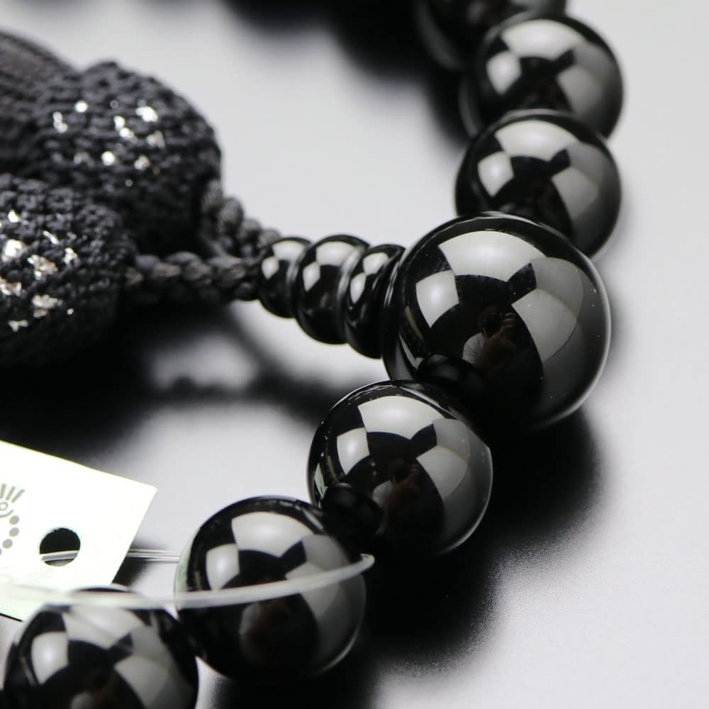 Nenju com Kyoto Buddhist Prayer Beads Juzu for Men, 22 Black Onyx Beads, Pure Silk Black Tassel, All Sects, for Funeral & Memorial, Paulownia Box