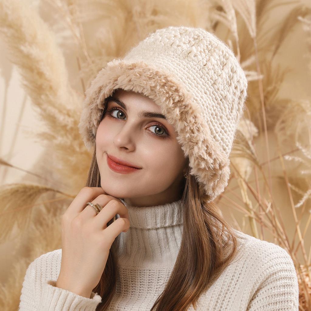 Plush edge knitted bucket hat women's autumn and winter warm versatile big head circumference showing face small wool bag head ear protection hat