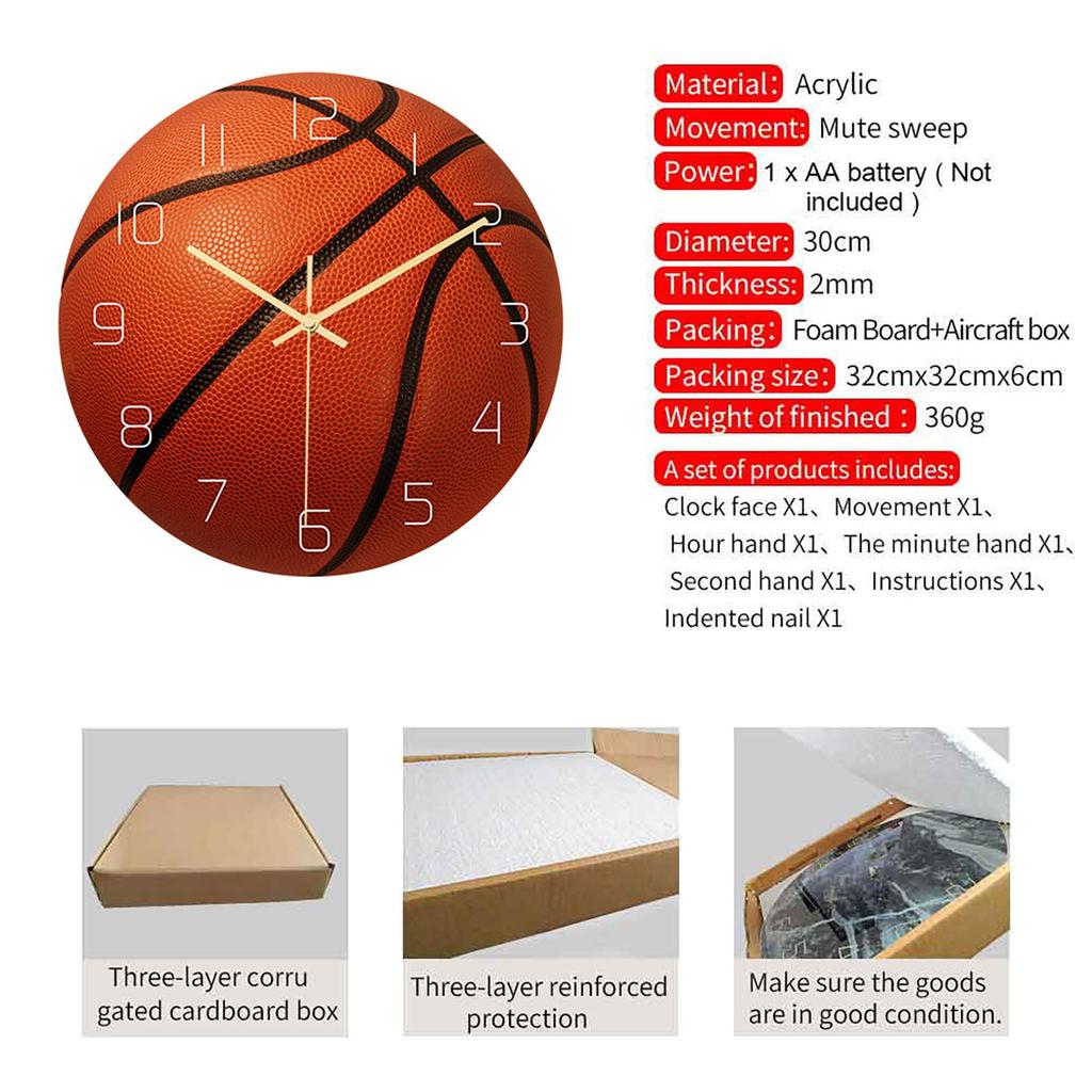 Acrylic Wall Clock with Multisport Ball Design - Quartz Movement, Battery Operated, Decorative for Home, , Room