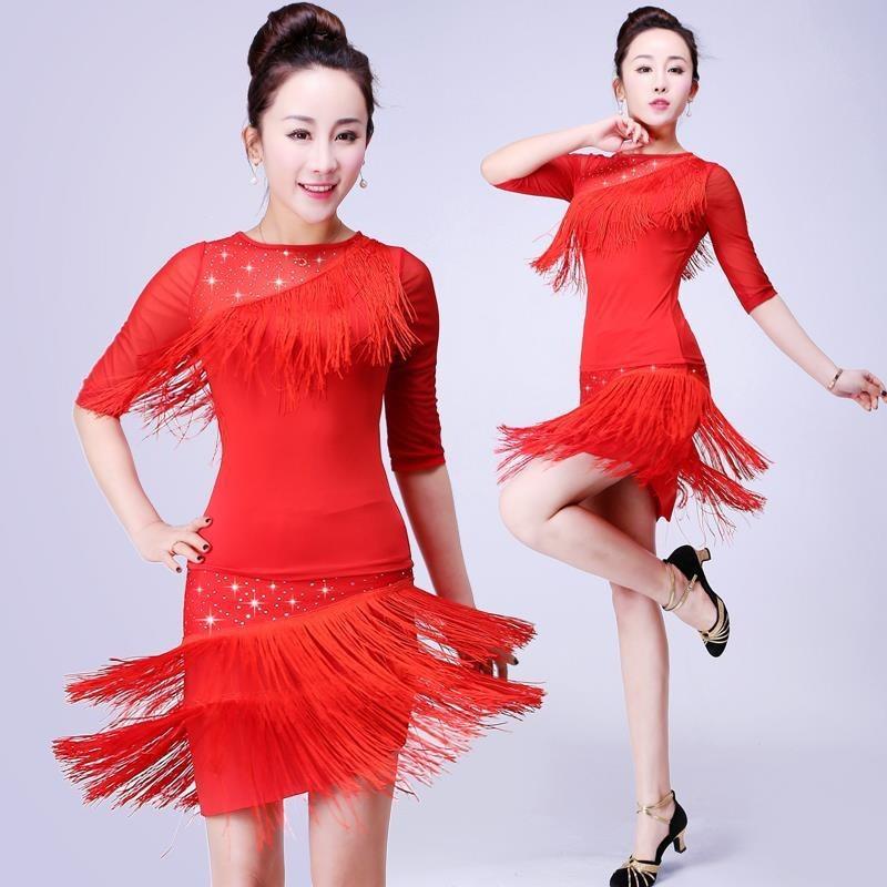 Womens Latin Dance Performance Outfit With Fringe Top Sequin Skirt Salsa Cha Stage Show