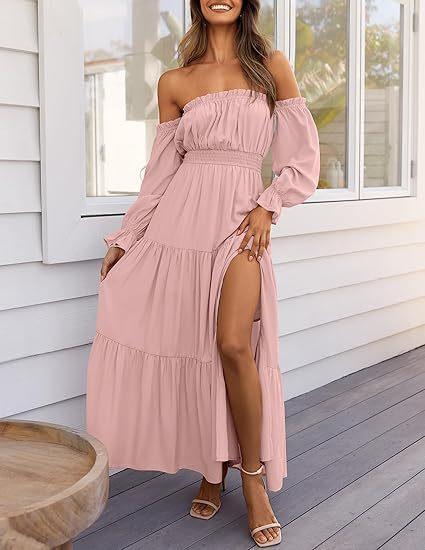 European and American new bohemian sexy off-the-shoulder dress with pleated side split long skirt