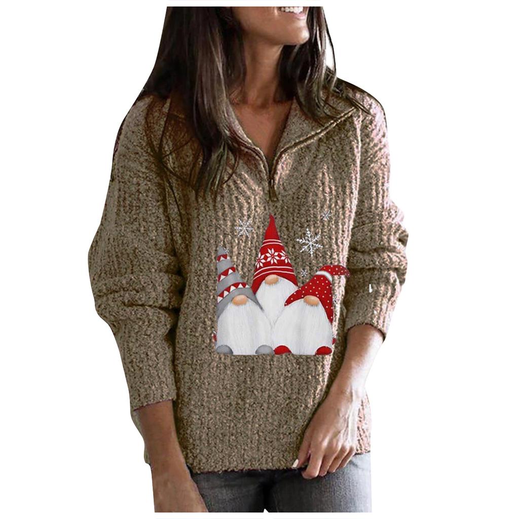 Women's Fashion Loose Warm Festive Christmas Print Zipper Long Sleeve Knitted Sweater Women's Sweater