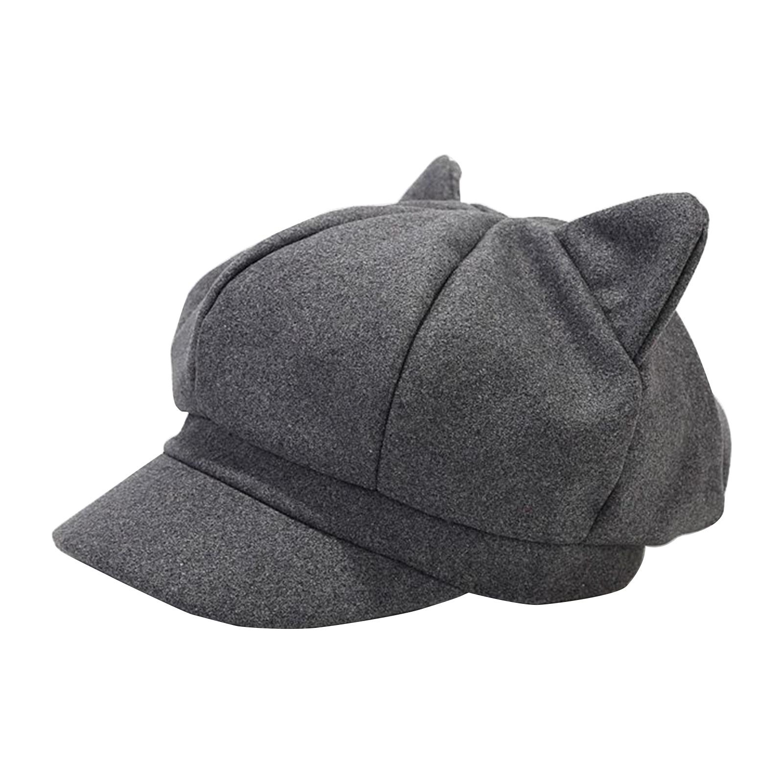 

Newsboys Beret Hat for Women Breathable Woolen Cabbie Hat Cool Jokers Girl Cat Ear Octagonal Cap Subculture Headwear темно серый