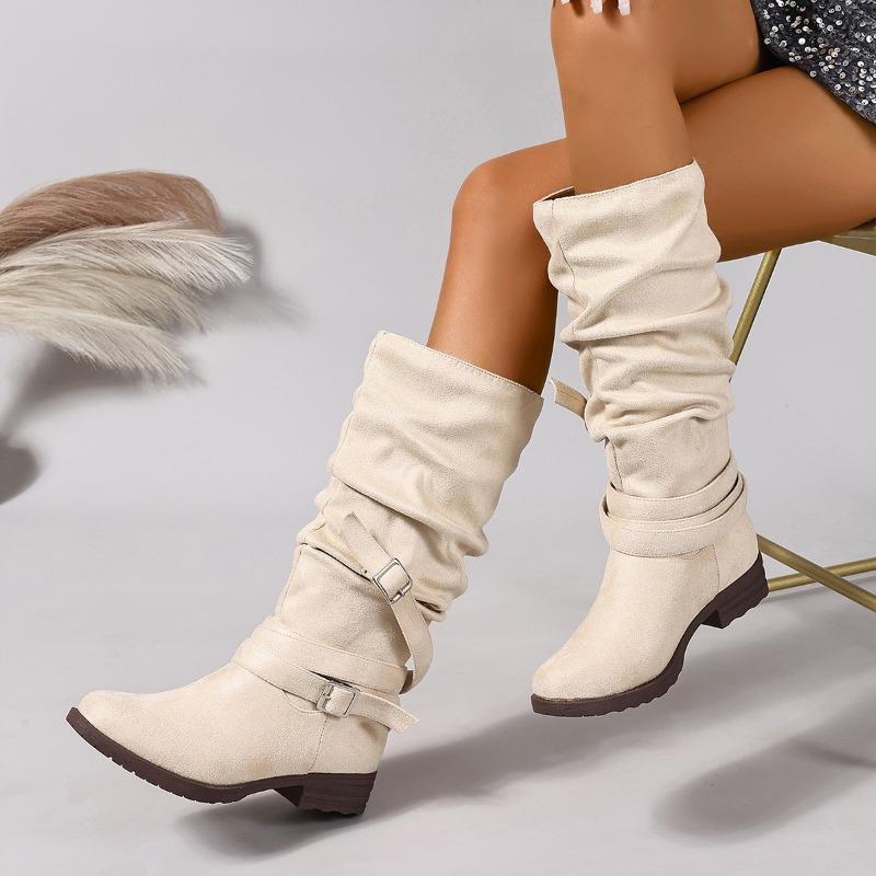 Women's Wide Width Suede Riding Boots, Chunky Heel Round Toe Knee High Boots, Buckle Detail Stacked Foldable Long Boots