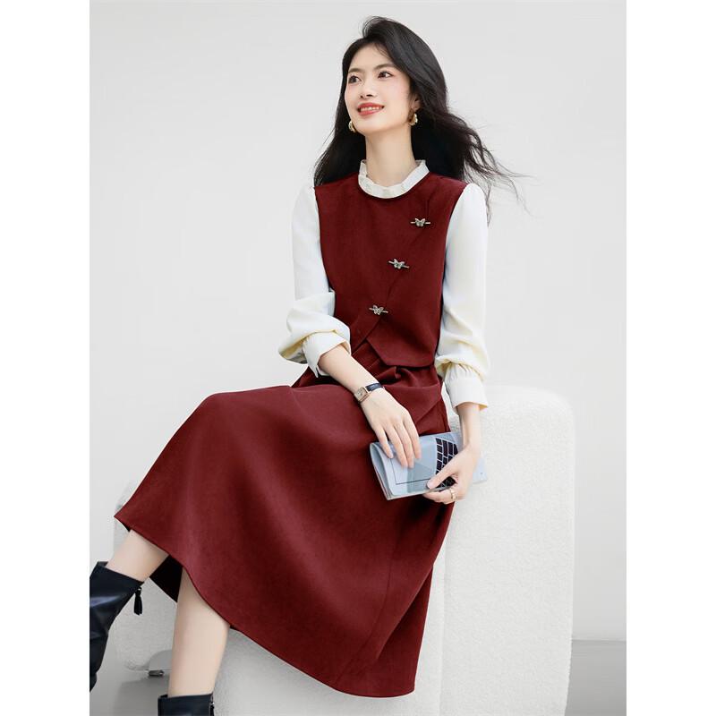 Elegant Burgundy Faux Two-Piece Midi Dress