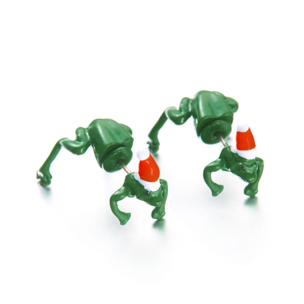 Funny Cute Green Frog Toad Animal Stud Earrings For Women Men Frog Wear A Santa Hat Piercing Earrings Christmas Party Jewelry