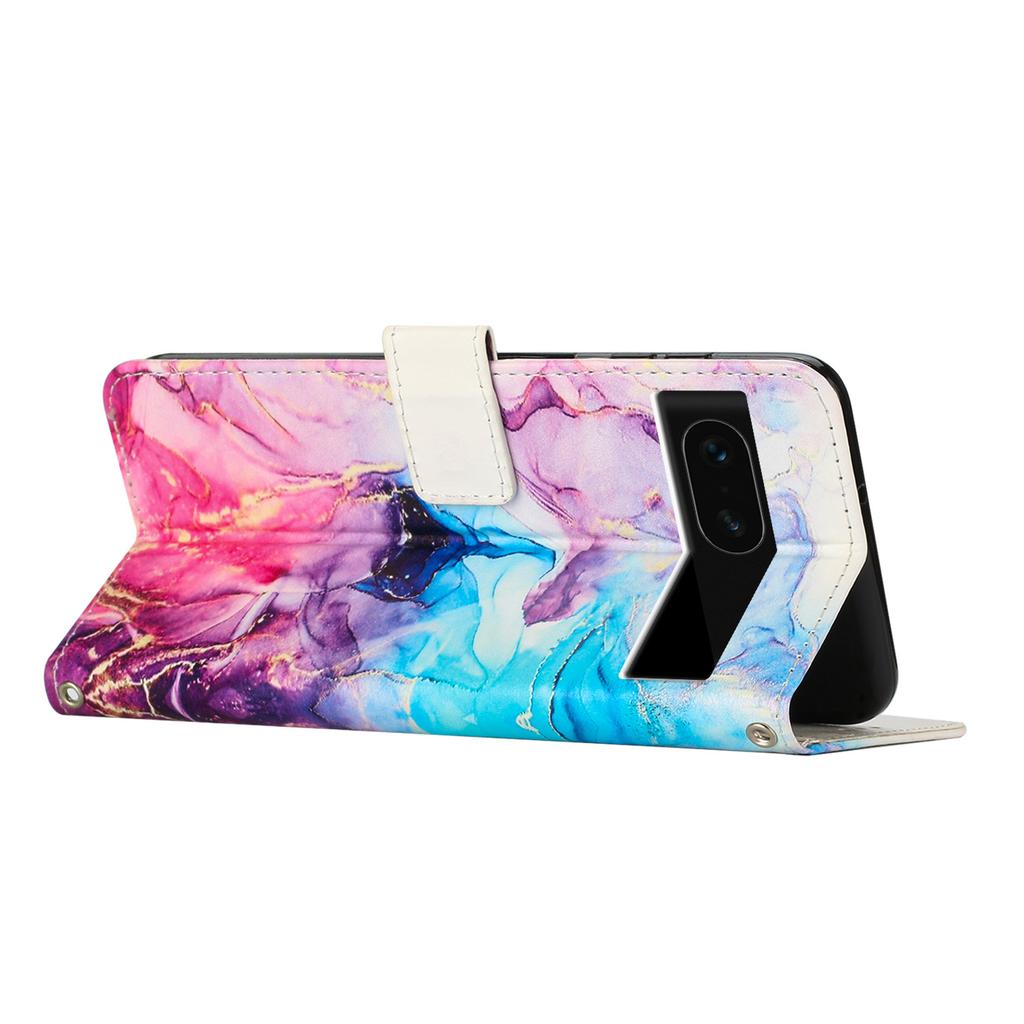 For Google Pixel 8a Stand Case Marble Pattern PU Leather Wallet Phone Cover with Wrist Strap