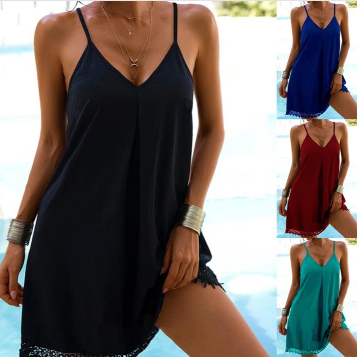 

2025 New Women s Chiffon Suspender V-Neck Swing Dress Sexy Fashion Elegant 3XL