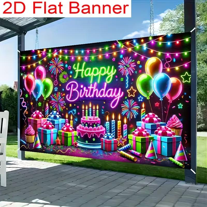2D Blacklight Birthday Background Cloth, Neon Balloon & Cake Party Backdrop