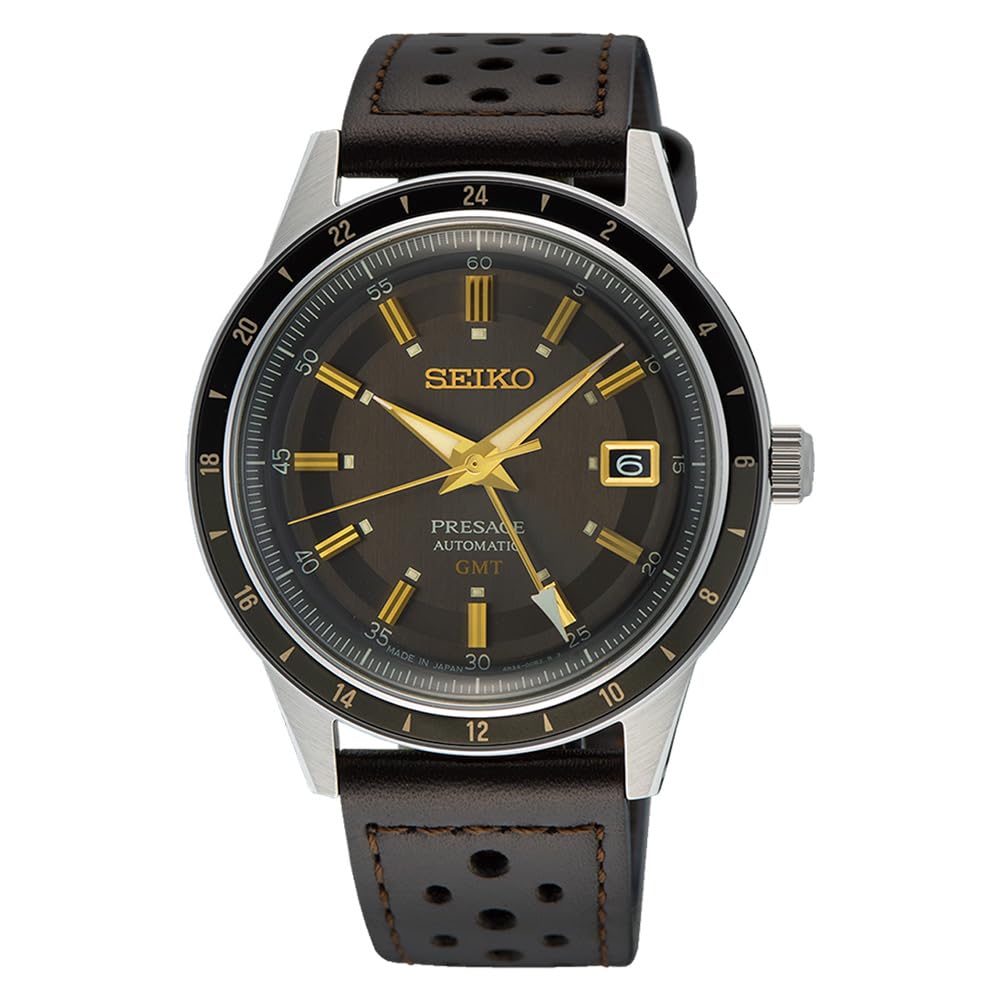 SEIKO Satin Black Dial Brown Grained Leather Band Presage Automatic GMT Analog Watch Classic Men's Black, Black//Sheer Pleasure,