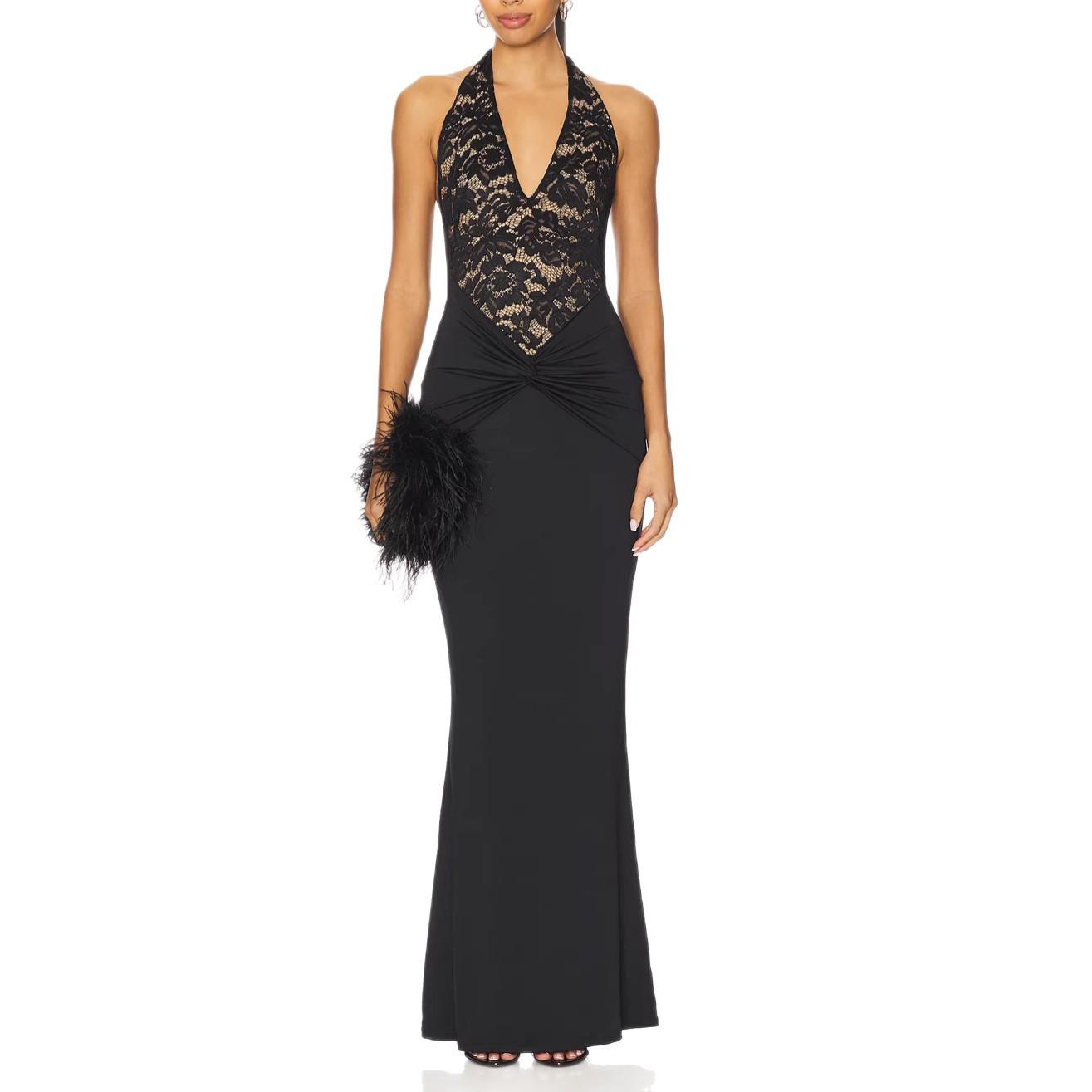 European & American 2025 Sexy Lace Camisole Slim Patchwork Dress Medium (M) чёрный