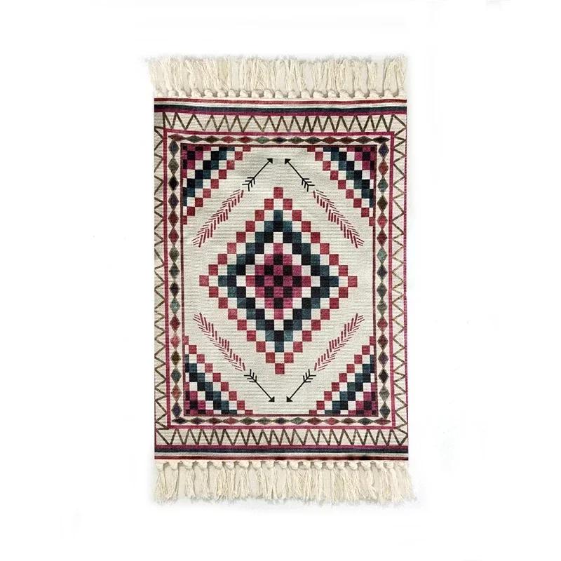 Persian Style Hand-Knotted Floor Mat With Tassels Retro Ethnic Geometric Printed Area Rugs Kitchen Bedroom Bath Non-Slip Carpet