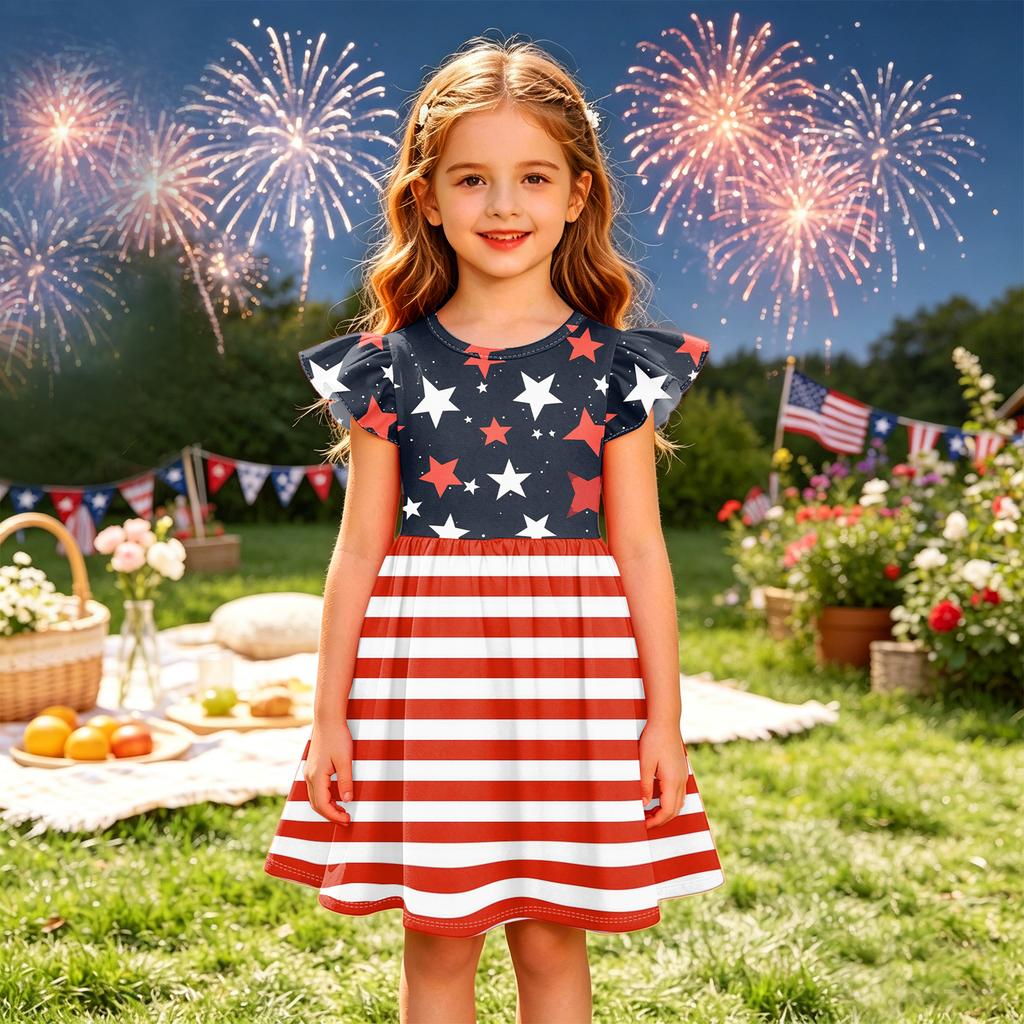 Girls' Summer Princess Dress - A-Line T-Shirt Dress Independence Day