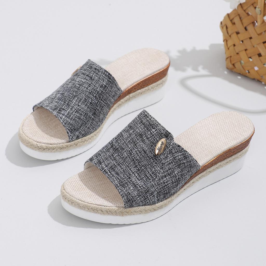 Women Canvas Wedge Slippers 2025 Summer New Fashion Elegant Peep Toe Platform Shoes Large Size Ladies Sandals Zapatos De Mujer