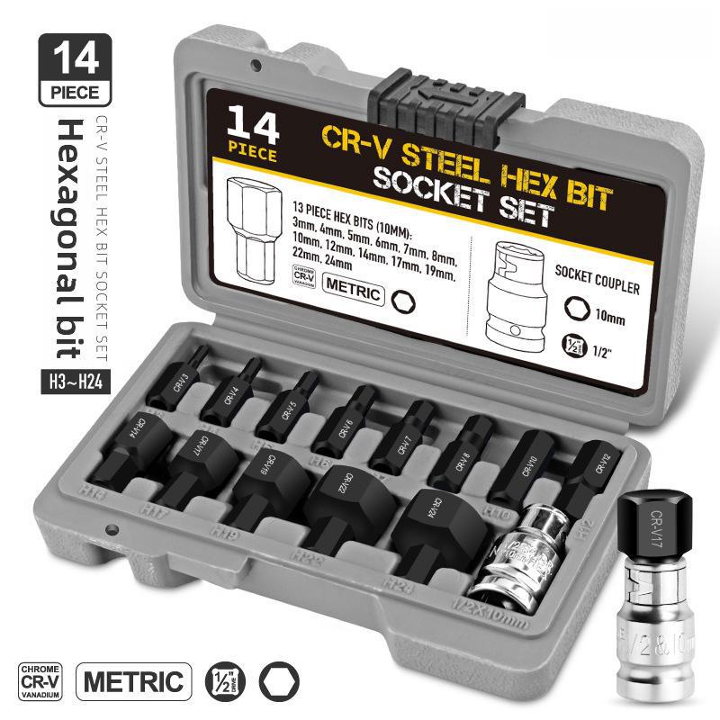 

Набір шестигранних головок для електричного/пневматичного ключа з 14 предметів (H6-H14) 14-piece plum blossom set [T10-T70]