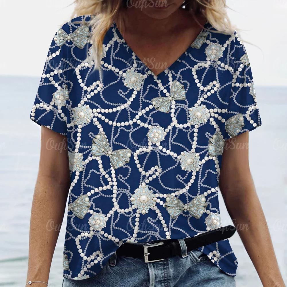 Camiseta feminina da moda verão 2024, estampa dourada, decote em V, tops, camisetas femininas, manga curta de luxo, roupa feminina, vintage, streetwear