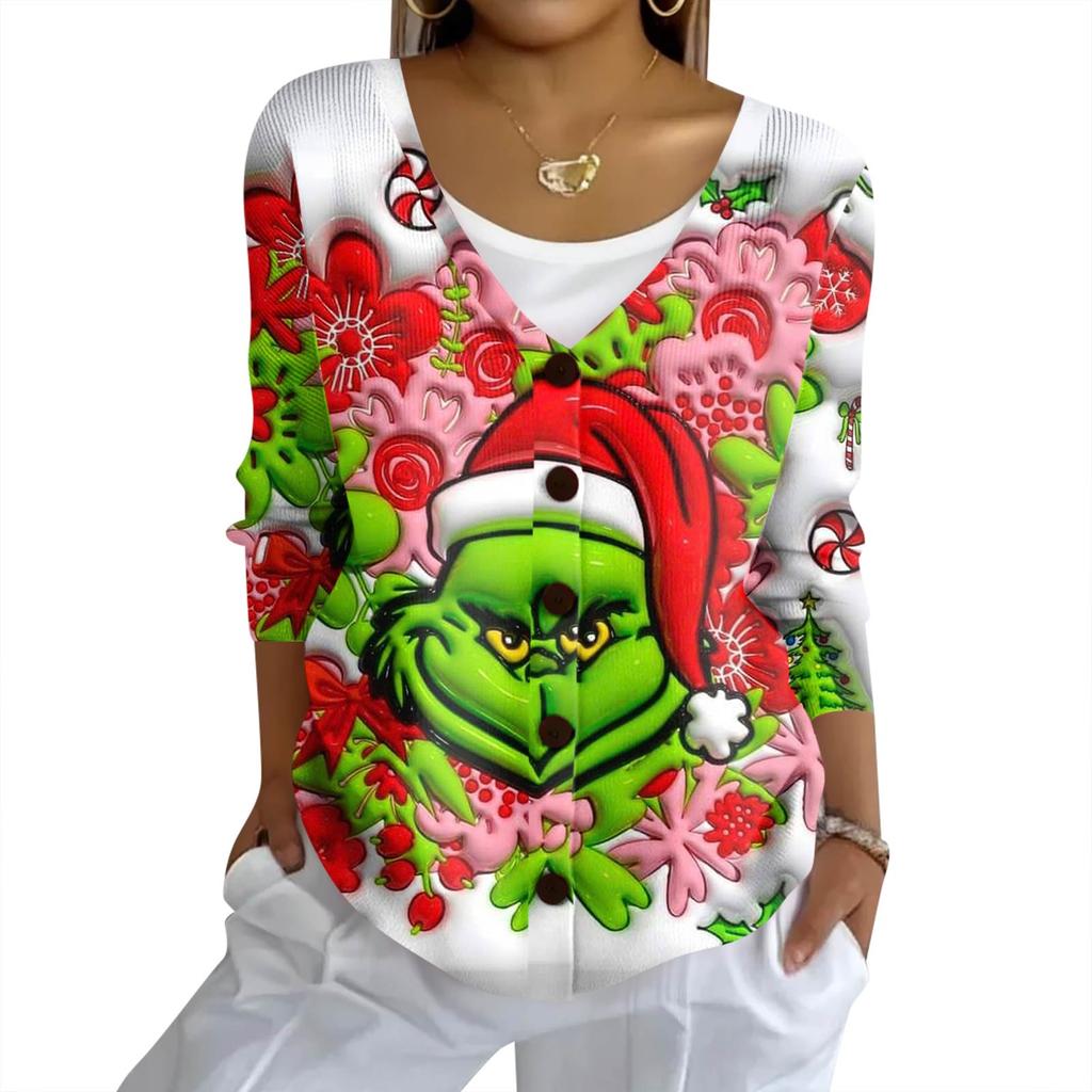 Women's Fashion Casual Knit Sweater Button-Up Christmas Print Cardigan Jacket