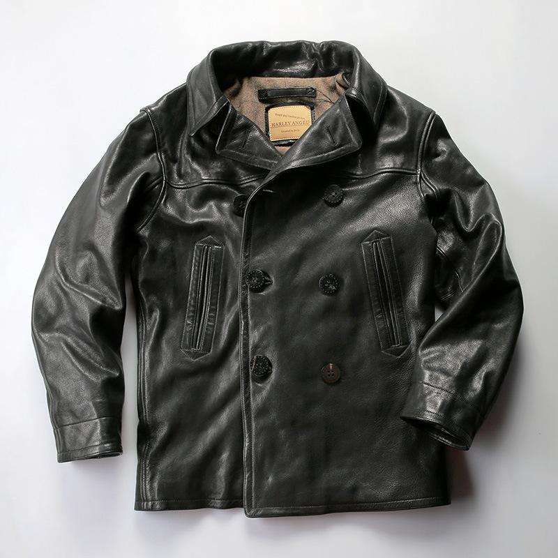 American retro navy medium and long coat full vegetable tanned goatskin large lapel double-breasted leather leather jacket men