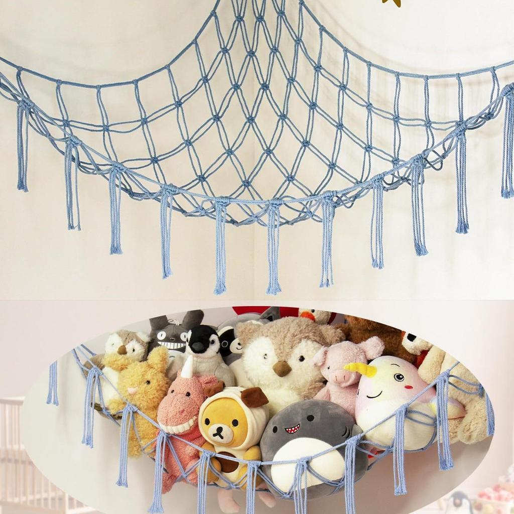 Corner Hanging Woven Cotton Rope Toy Storage Net with Tassels