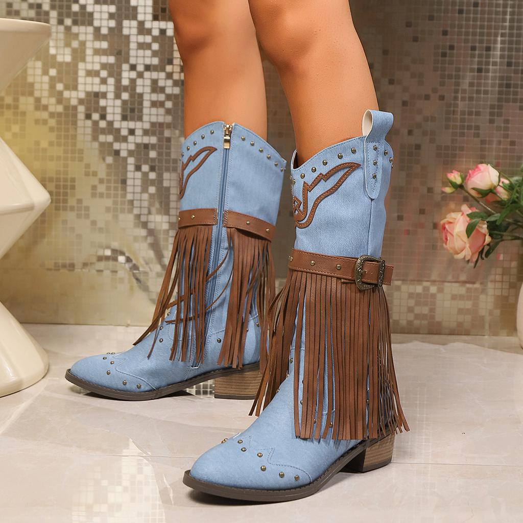 2025 Winter Women Fringes Thick Heel High Boots Suede Pointed Toe Outdoor Fashion Platform Shoes Willow Nails Pumps Women Shoes