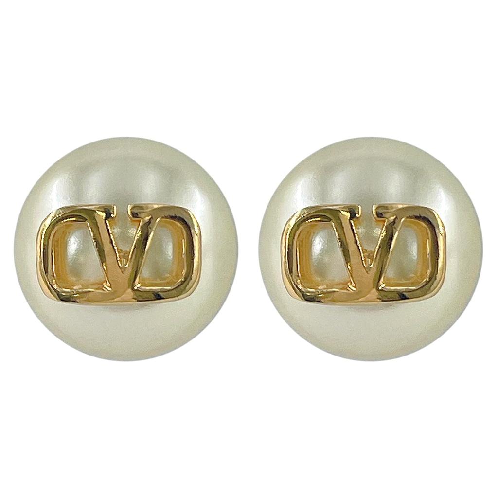 Valentino V Logo Signature Metal and Pearl Bead Stud Earrings in UXM Gold/Cream (5W2J0E35 0O3) [Used]