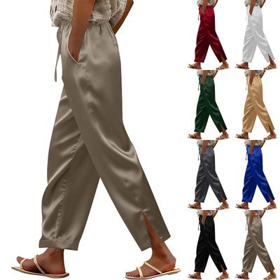 Women's Casual Satin Loose-Fit Slacks With Elastic Drawstring And Side Slit