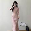 Autumn 2025 Pink Suede Cheongsam with Large Inverted Sleeves – Modern Chinese Style for Women
