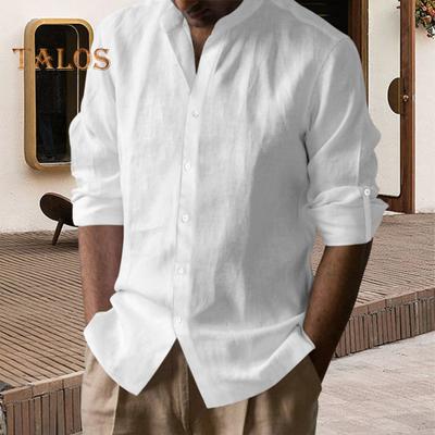 Men Cotton Shirt Long Sleeve Button Down Solid Color Shirt Henry Collar Casual Top with Adjustable Sleeves for Daily Wear Beach Vacation