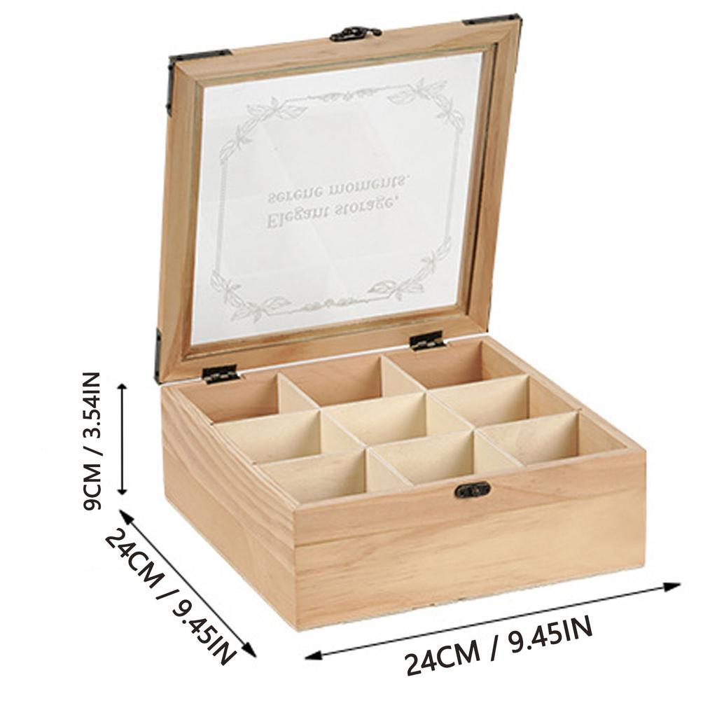 Wooden Tea Bag Organizer Box 9 Compartments Storage Teabag Holder Container with Transparent Lid for Countertop Tea