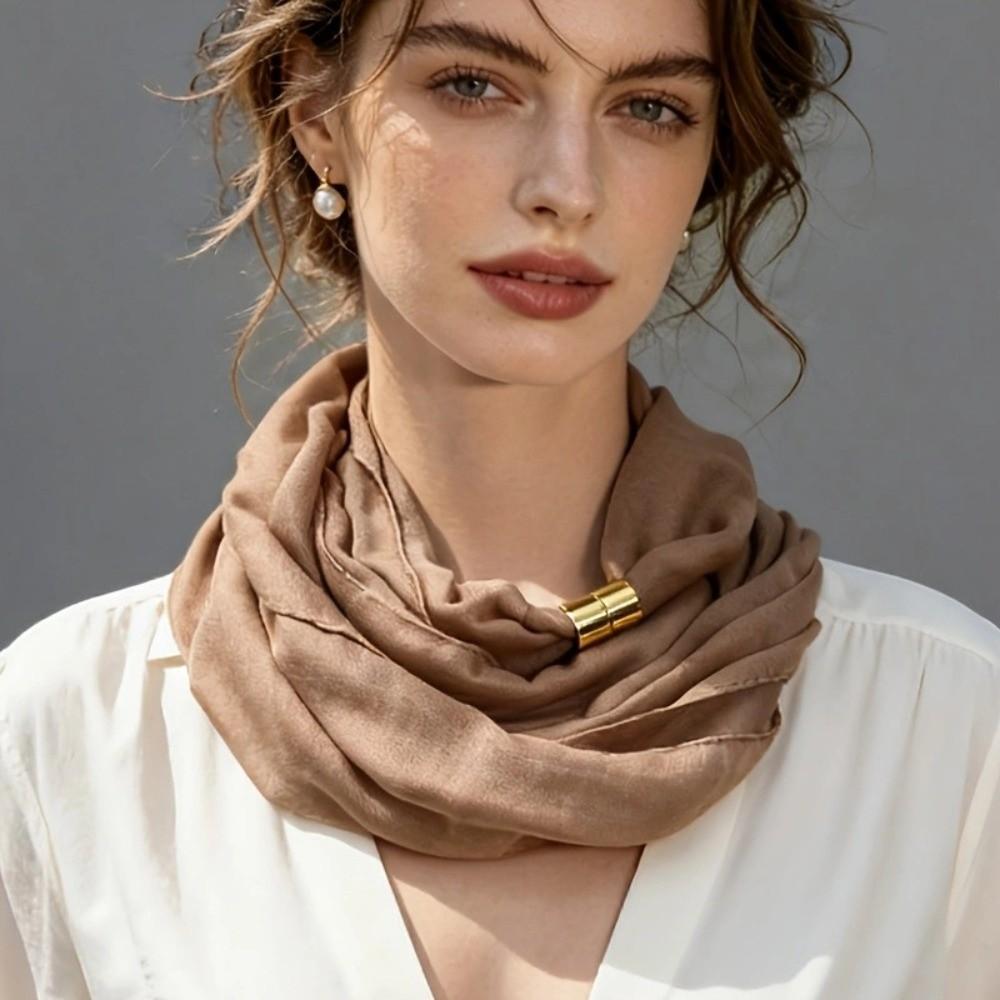 French Style Magnetic Buckle Scarf Magnet Clasp Silk Scarf Elegant Neck Scarf Autumn