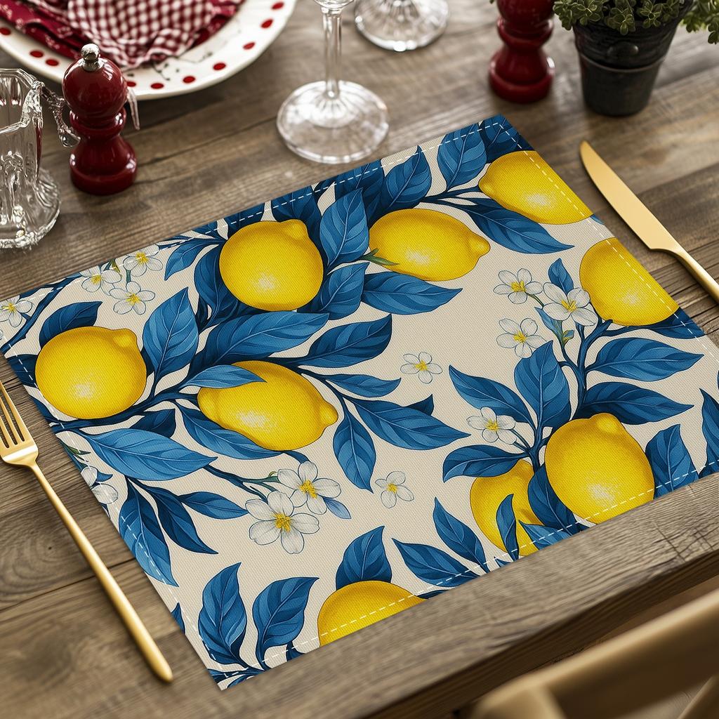 4/6/8pc Lemon Printed Summer Linen Placemat Fresh Holiday Dining Table Mat Decoration for Wedding Party Home Gathering
