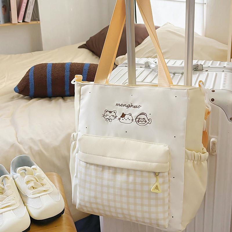 Grid Cat Fashion Embroidery Pattern Unisex Nylon School Backpack For Daily Use