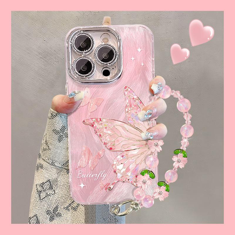 Pink butterfly bracelet is suitable for Apple 17 feather yarn mobile phone case iphone15promax high value 16 Xiaomi 14.