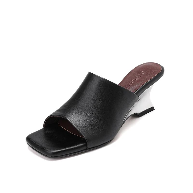 

Fashion 2025 New Summer Slippers Genuine Leather Women Shoes Fashion Peep Toe Ladies Shoes High Heels Slippers Sandals Modern Sliippers 34 чёрный