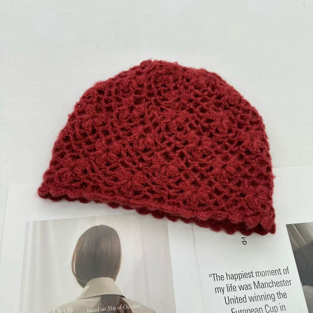Double-layer handmade crochet hollow bag hat female elegant versatile knitted pullover hat autumn and winter breathable travel cold hat