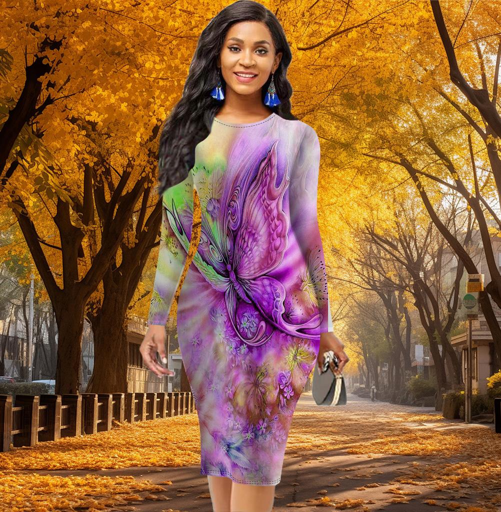 Langärmeliges Taillenenges Büro Slim Fit Pigment Schmetterlingsdruck Elegantes Bodycon Kleid