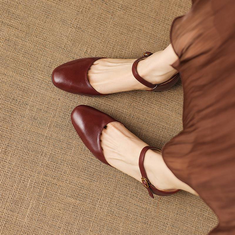 Krazing Pot Cow Skin Round Toe Low Heels Summer Shoes Big Size 42 Ankle Straps Women Pumps
