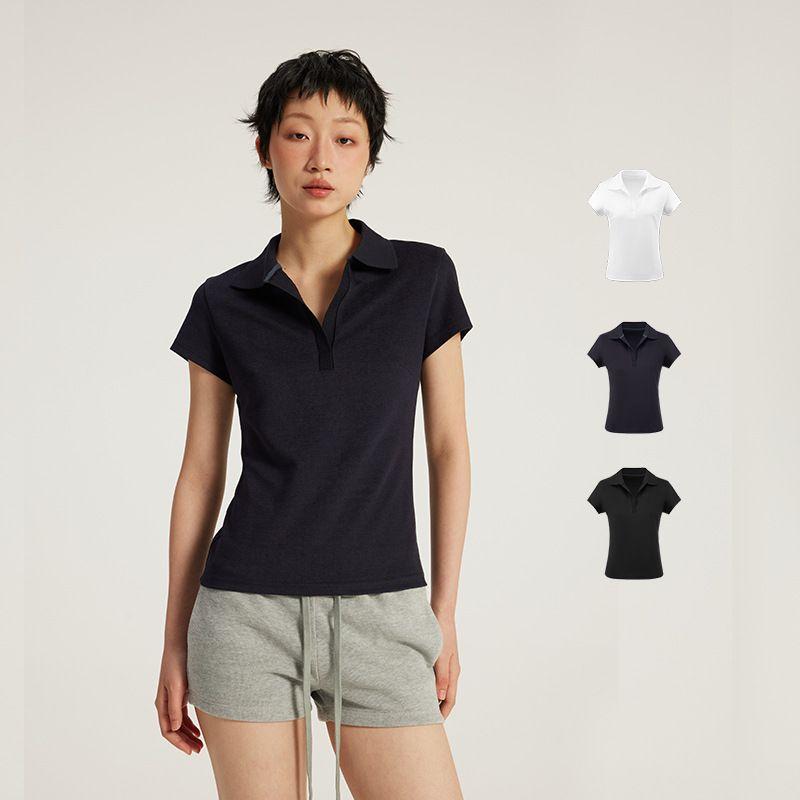 Trendy Women's Shoulder Lapel Polo Shirt Spring and Summer American Sexy Tight Waist Slim Looking Athleisure Short Sleeve T-shirt Fashion