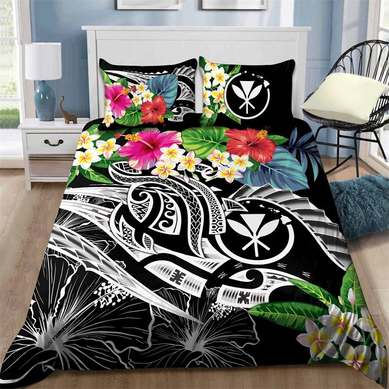Hibiscus Floral Duvet Cover Tribal Polynesian Turtle Bedding Set Hawaiian Polyester Comforter Cover King Size For Kid Adult Teen