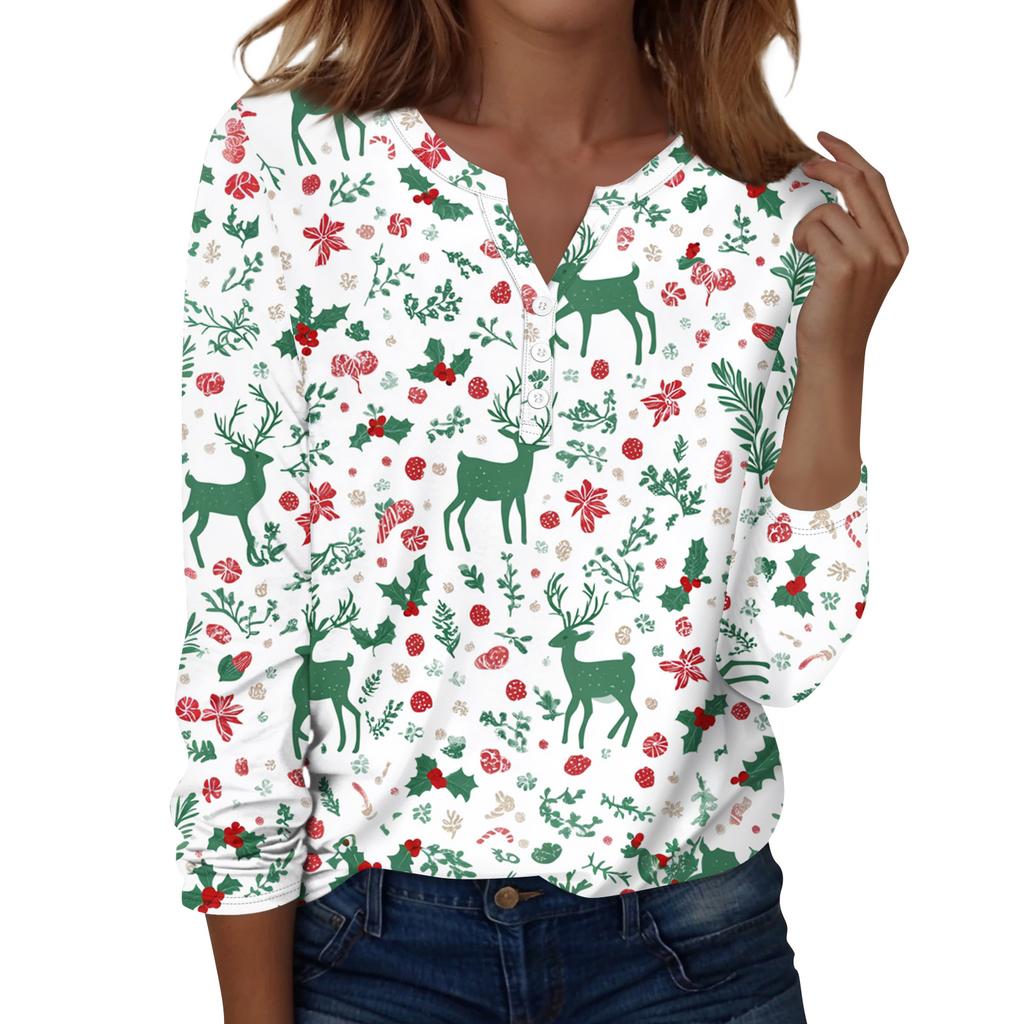 Women's Fashion Casual H Printed V-Neck Long Sleeve Decorative Button T-Shirt Tops
