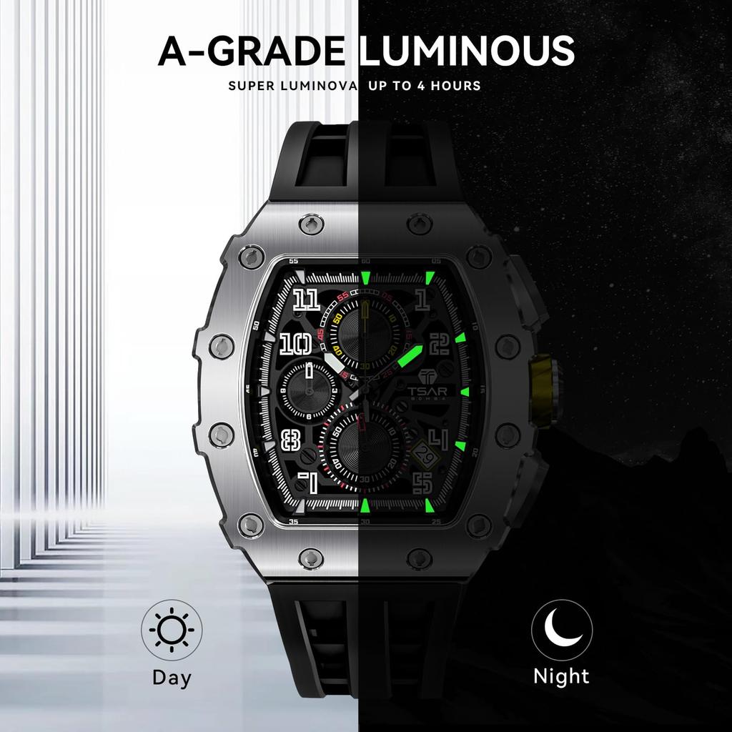 TSAR BOMBA Skeleton Mechanical Automatic Watch with Ceramic Japanese Tonneau Silicone 50M Water Luminous Luxury Watch for and Casual Wear Men's