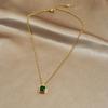 Gold Plated Curb Chain Necklace with Square Emerald Green Crystal Pendant Fashion Jewelry for Women